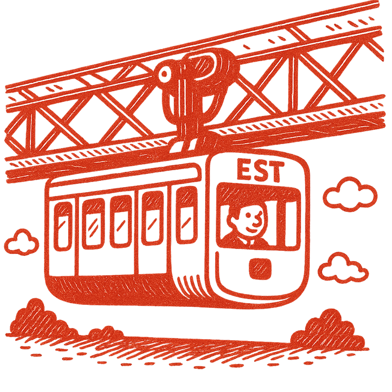 Illustrierte Wuppertaler Schwebebahn mit EST-Schriftzug